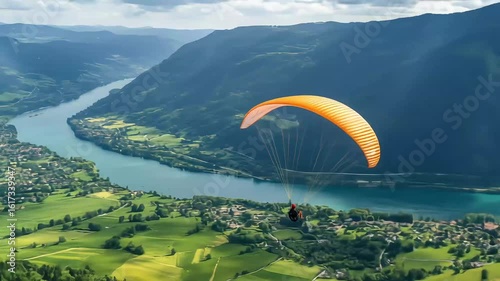 A paraglider soaring over lush green valleys and a winding river.