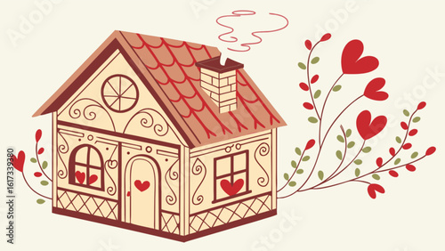 A charming illustration of a gingerbread house adorned with hearts, symbolizing love and home, perfect for valentines day or a cozy dwelling theme