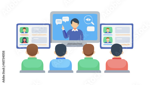 A group of people attending an online meeting or conference call on their computers