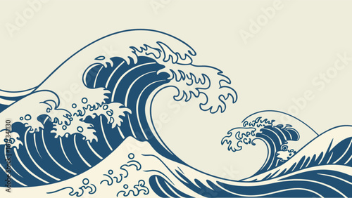 A dynamic japanese wave art illustration showcases the raw energy and beauty of the ocean with intricate details and a vintage aesthetic