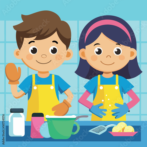 Happy children baking together in the kitchen wearing aprons and gloves