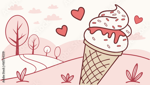 A delightful illustration of a pink landscape with an ice cream cone adorned with hearts, perfect for conveying sweetness and love