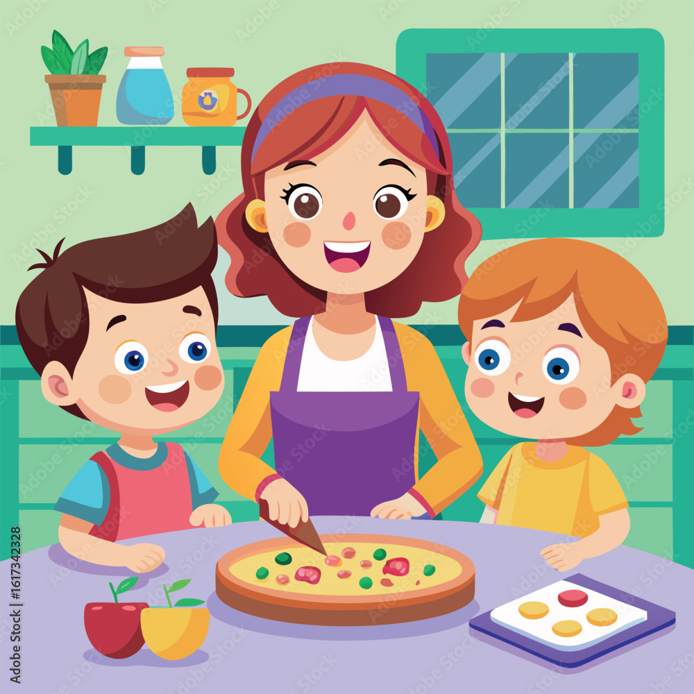 Happy family making pizza together in the kitchen Happy family making pizza together in the kitchen
