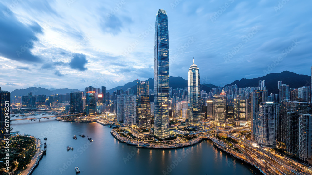 Fototapeta premium Stunning city skyline dusk showcases towering skyscrapers reflecting water, creating vibrant