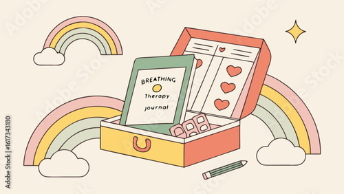 Illustration promoting therapy and journaling for mental health, featuring breathing exercises, selfcare, and mindfulness techniques for relaxation and overall wellbeing
