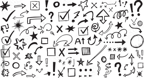 Collection of hand drawn arrows checkmarks stars and symbols isolated on transparent background