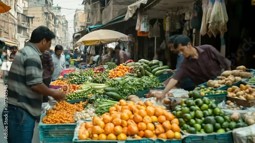 Vibrant outdoor market filled with fresh fruits and vegetables.