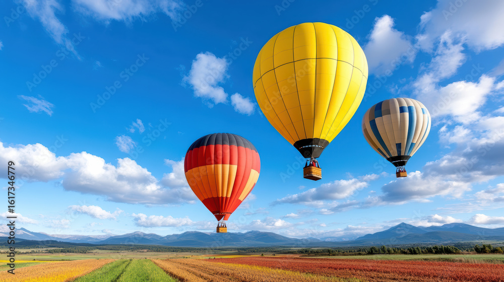 Fototapeta premium Colorful hot air balloons soaring over vibrant fields under clear blue sky