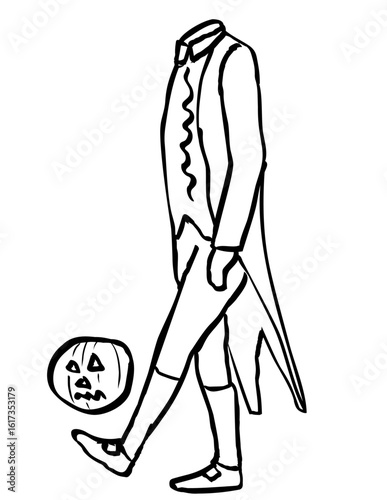 Drawing sketch style illustration of a headless man or horseman juggling pumpkin head with foot, keepie uppie or kick-ups on isolated background in black and white line art.