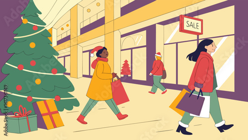 Energetic Holiday Shopping Frenzy with Crowds, Gift Bags, and Festive Decorations in Busy Mall