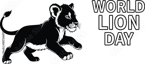 Vector art of a cute lion cub running to celebrate world lion day 