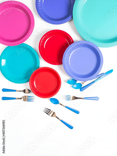 Wallpaper Mural Colorful Disposable Plates and Cutlery Arranged on a White Background Torontodigital.ca