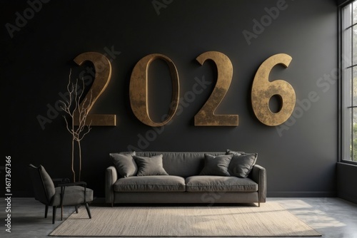 Modern Interior with Large Golden 2026 Numbers