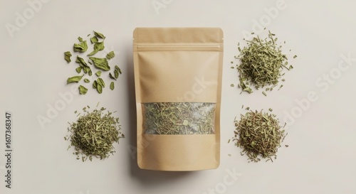 A kraft paper pouch with dried herbs and spices, perfect for culinary creations and healthy recipes