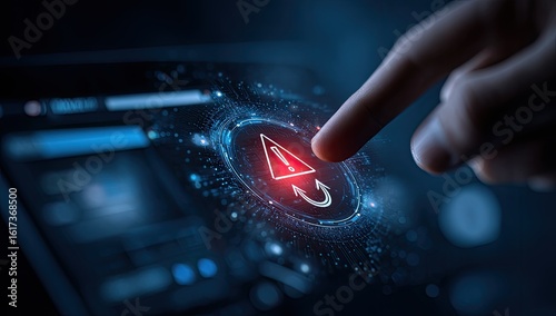 Hand touching a digital dashboard warning