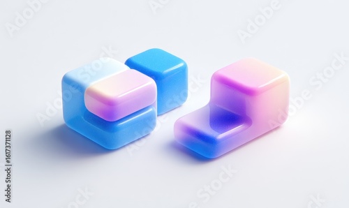 Three colorful, glossy cubes, two light blue/white and one pink/purple, on a white surface