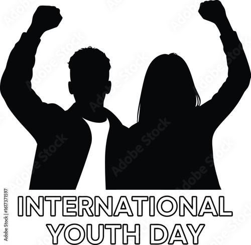 Vector art of a silhouette of two young people with raised fists celebrates international youth day, symbolizing empowerment, hope, and the potential of the younger generation