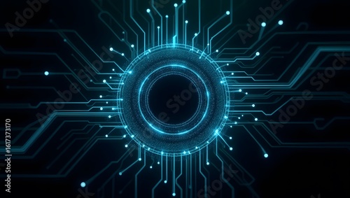 Glowing blue digital circuit board with central nexus