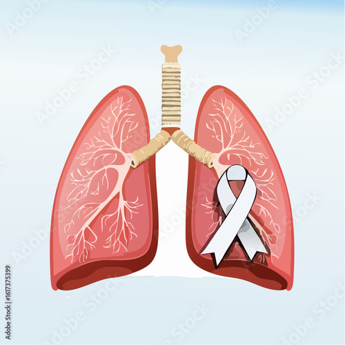 Vector illustration in full color of human lungs with a white awareness ribbon wrapped around them, symbolizing World Lung Cancer Day, clean medical style