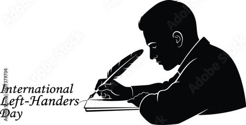 Vector art of a lefthanded person writing with a quill pen to celebrate international lefthanders day, 