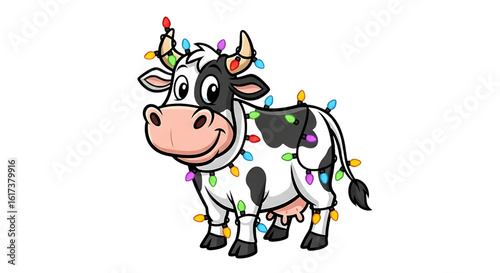 Photo of a festive cow with christmas lights isolated on transparent background