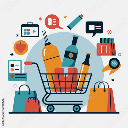 Shopping cart overflowing with diverse goods, surrounded by online and offline shopping icons.