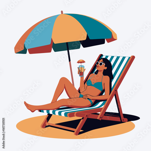 Woman relaxes on a beach lounger under a parasol, enjoying a summer cocktail.