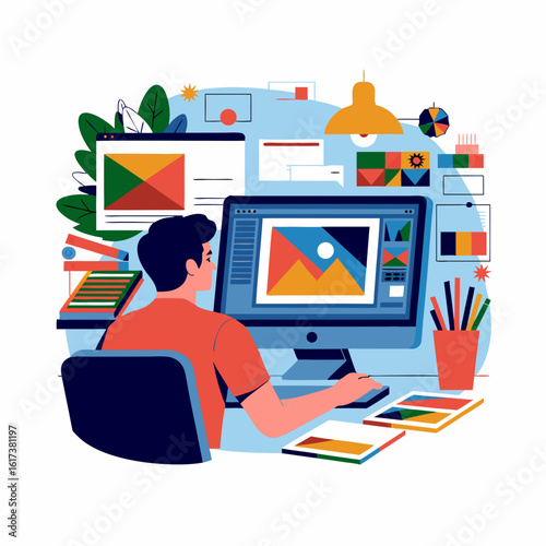Graphic designer working at computer, surrounded by design elements and tools.