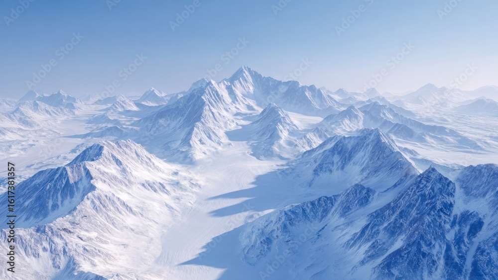Obraz premium Majestic mountains covered in snow create breathtaking landscape with glaciers and icebergs in distance, evoking sense of wonder