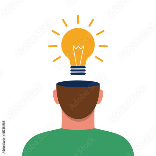 Conceptual illustration of a person with an open head and a lightbulb above, symbolizing ideas and innovation.