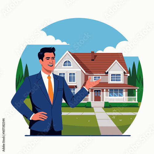 A realtor in a suit presents a house with a lawn and sidewalk under a blue sky.