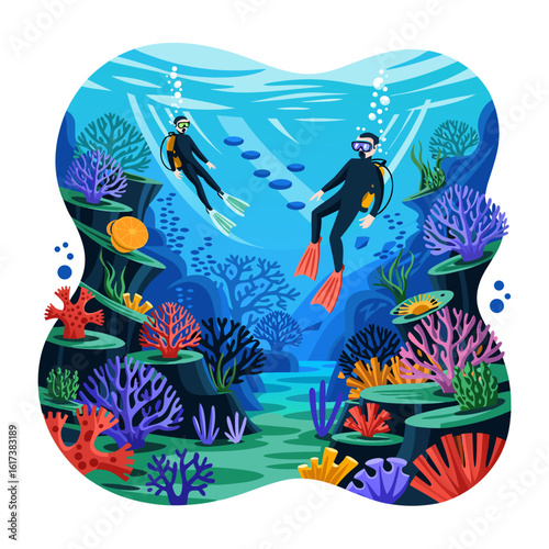 Two scuba divers explore a vibrant underwater coral reef teeming with marine life.