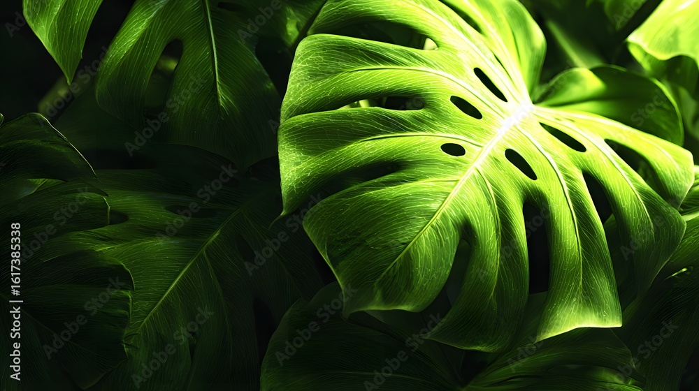 Fototapeta premium Close-up view of vibrant green tropical leaves.
