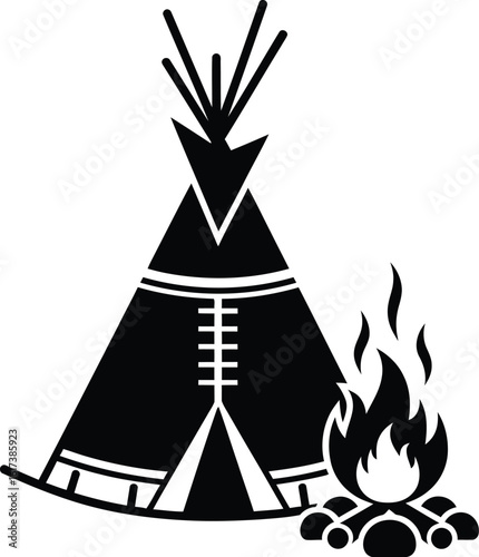 Vector art of a teepee and campfire silhouette 