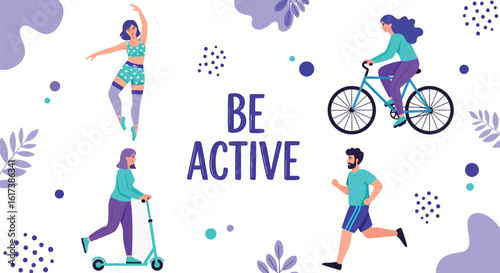 Vibrant group embracing fitness activities like cycling, running, dancing, and scooting