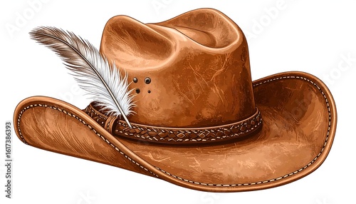 Detailed illustration of a brown leather cowboy hat with a feather