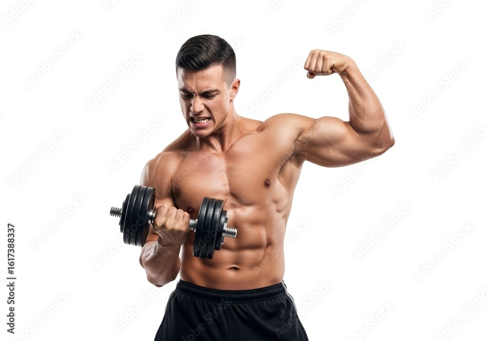 Muscular man lifting dumbbell shirtless flexing arm black shorts intense face against white background Muscular man lifting dumbbell shirtless flexing arm black shorts intense face against white background