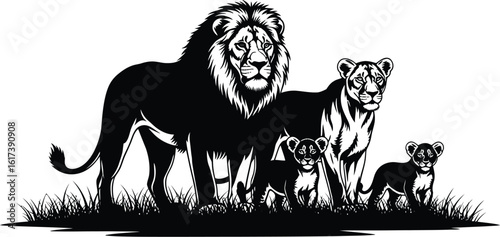 Vector art of a lion family with lion, lioness, and cubs in silhouette standing together in the grass, symbolizing wildlife, nature, and the strength of family bonds
