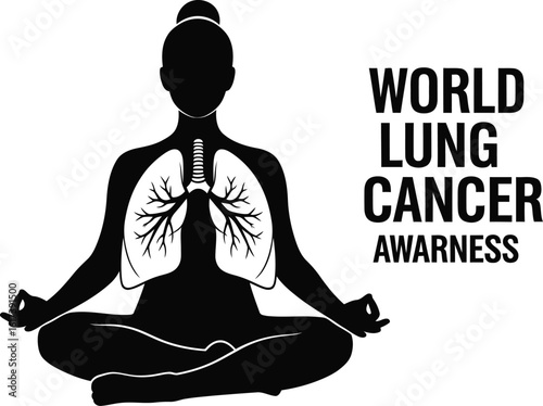Vector art of a silhouette illustration of a woman meditating with lungs for world lung cancer awareness 