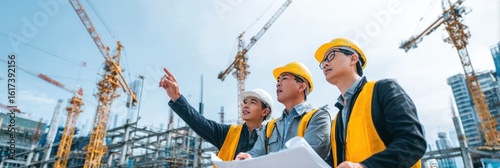 Civil engineering project team on high-rise development site, Asian professionals collaborating under bright sky, with machinery, tower cranes, and steel frames behind them