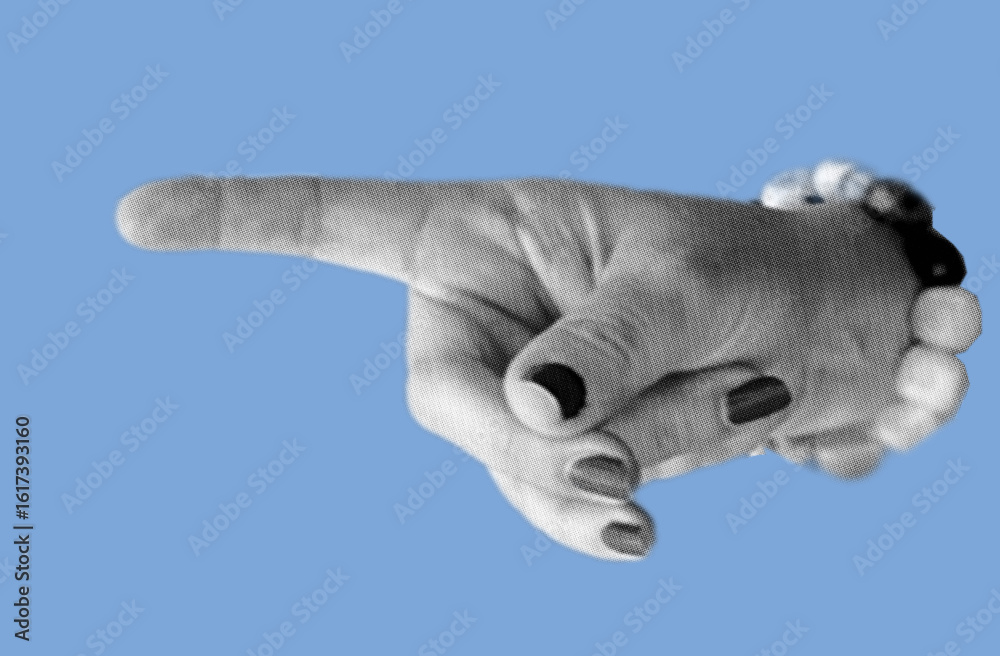 Fototapeta premium Close up of women hand gesture pointing pixelate grayscale color halftone dotted texture style collage element isolated on blue background