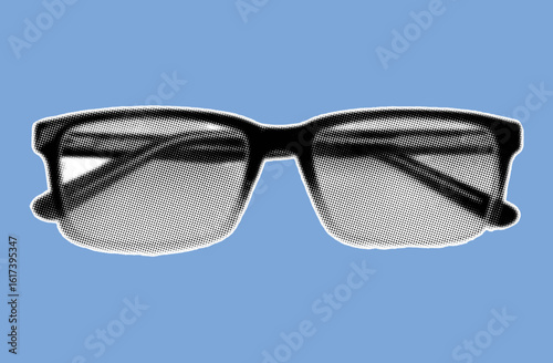 close up of eyeglasses pixelate grayscale color halftone dotted texture style collage element isolated on blue background