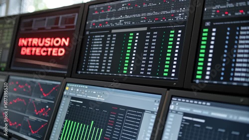 Computer Monitors Displaying Intrusion Detected Alert in Office