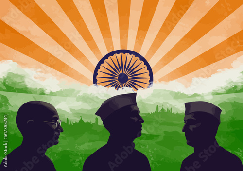 A vibrant illustration honoring Mahatma Gandhi, Jawaharlal Nehru, and Rajendra Prasad, pivotal figures in India's freedom movement.