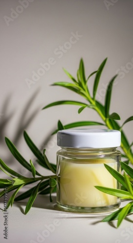 Wallpaper Mural Natural cream in glass jar with green leaves, clean beauty product concept Torontodigital.ca
