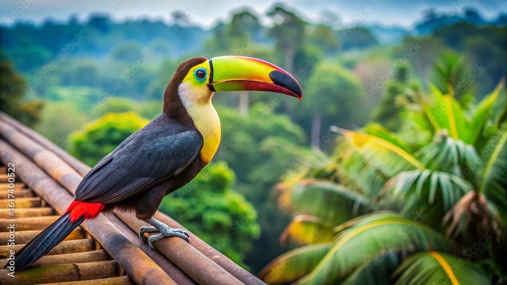 Obraz premium A colorful toucan with a huge beak sits on a branch in the wild rainforest