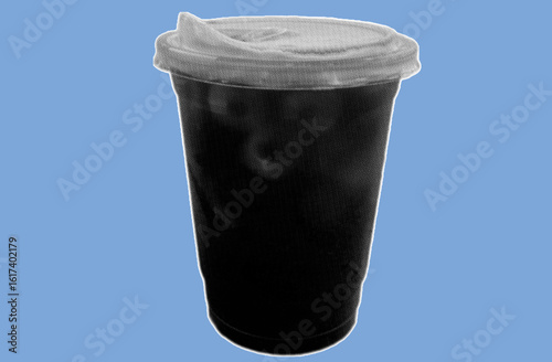 close up of take away americano iced coffee on plastic cup pixelate black and white color halftone dotted texture style collage element isolated on blue background