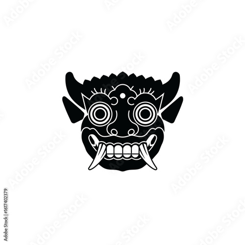 Minimalist black silhouette of a Balinese Barong mask in flat vector style.