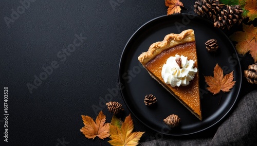 A slice of pumpkin pie on a dark plate, surrounded by autumn leaves and pine cones (1)