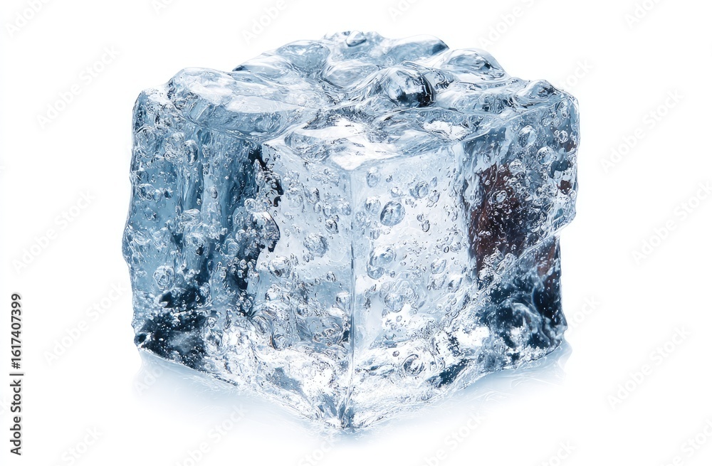 Fototapeta premium Single, clear ice cube, slightly irregular, on white background